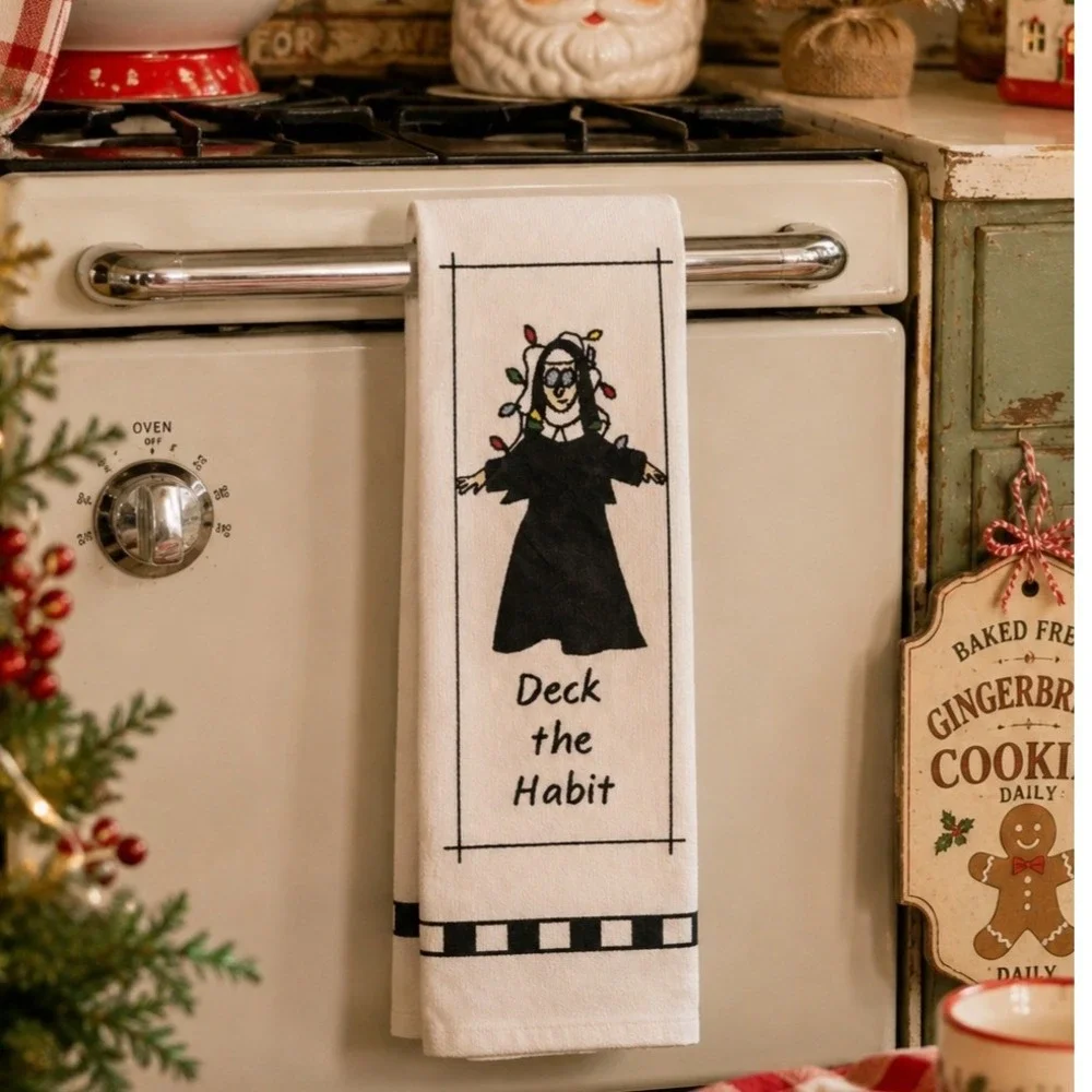 Vintage Deck the Habit Nun Christmas Towel Stevens Linen Catholic Humor NOS
